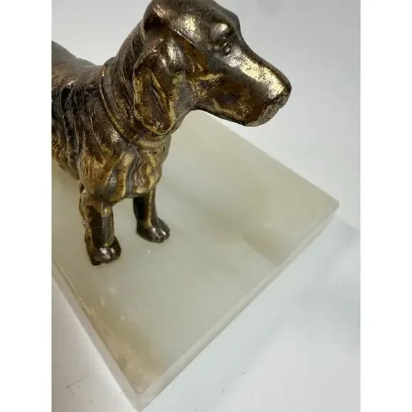 Vintage MCM Mid Century Brass Cocker Spaniel Figure on Solid Onyx Ashtray 6”sq
